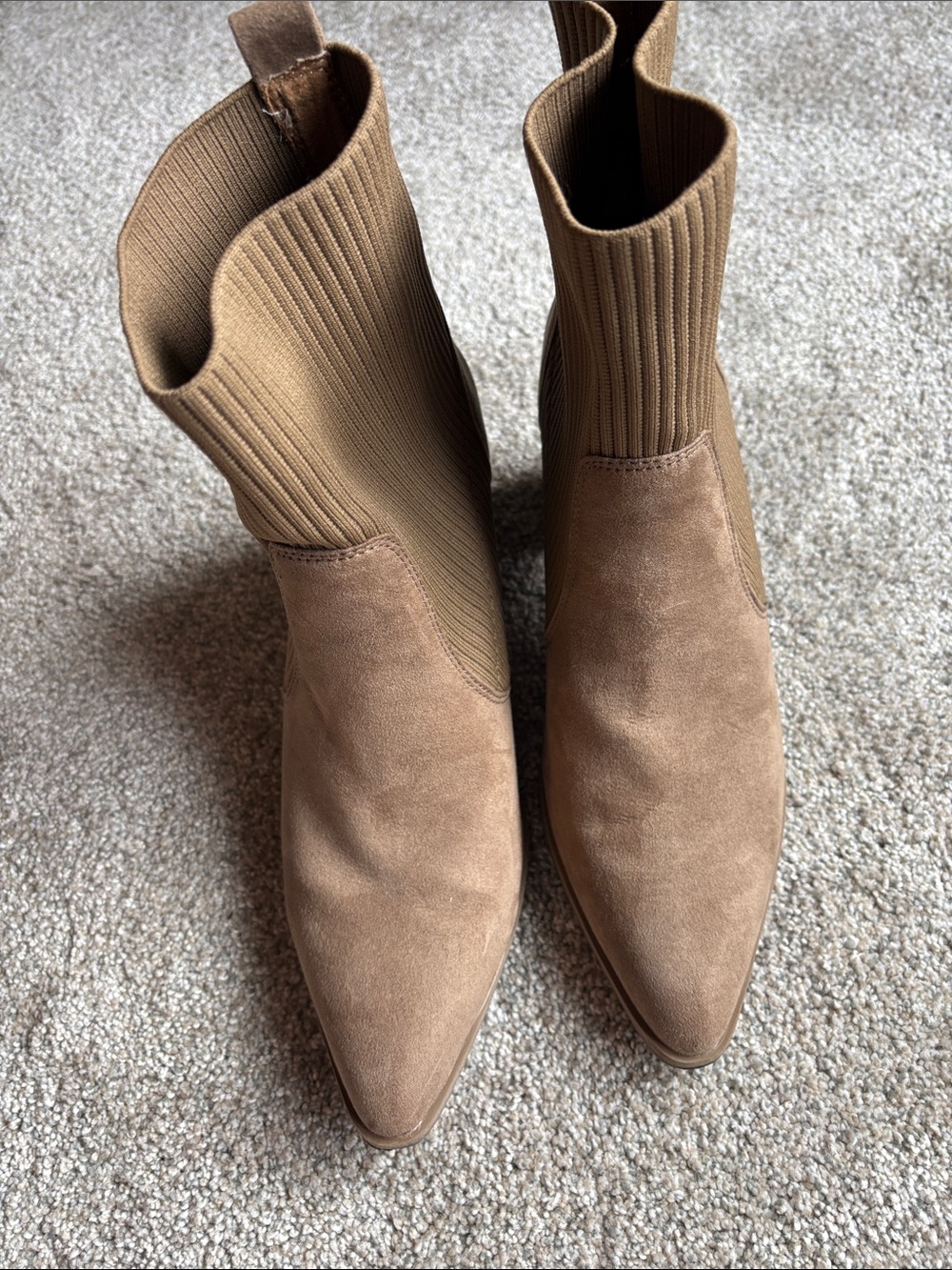 Women's Tan Suede Pointed-Toe Stretch Shaft Ankle Booties